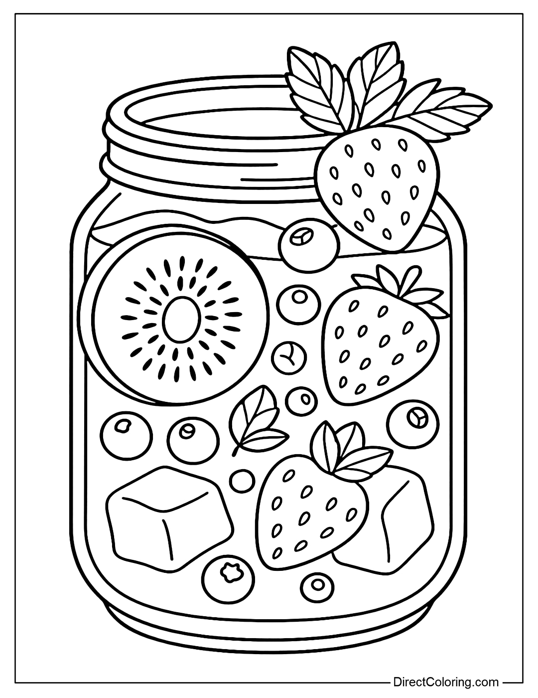 Frozen fruit cup coloring page with kiwi slices, strawberries, blueberries and mint leaves.